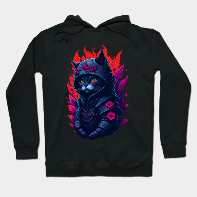 illustration face ninja cat fire focused on the character Hoodie by masterpiecesai